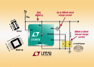 Tiny Sub-1µA IQ Shunt Battery System Charges & Protects Li-Ion/Polymer Batteries 